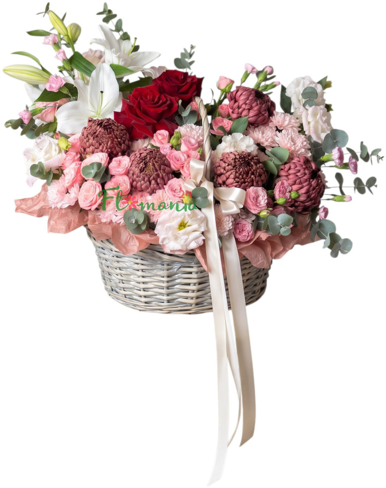 Корзина с лилиями, розами и хризантемами «Бархатный закат»